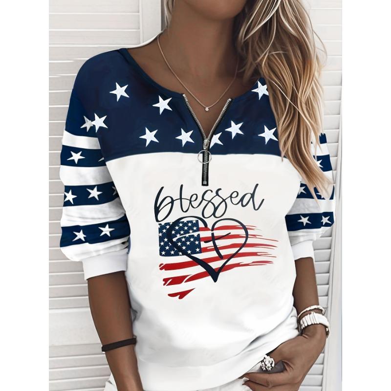Damen Flaggen Segen Sweatshirt lässiger Streifenprint Pullover Reißverschluss Oberteil