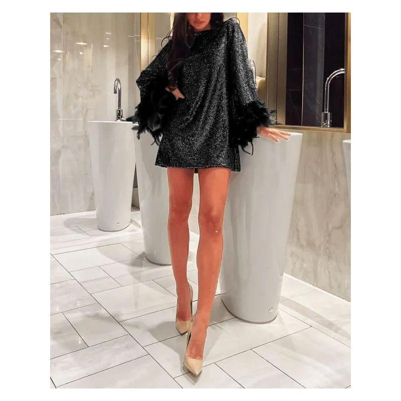 

Fashion Female Sexy Long Sleeves Sequin V-neck Lace-up Elegance Dress V-Neck Elegant Dress Black 2XL
