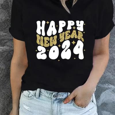 Happy New Year 2024 Print T-shirt Casual Crew Neck Short Sleeve Daily Top Women's Clothing Black Cartoon Casual Top Tees Clothes