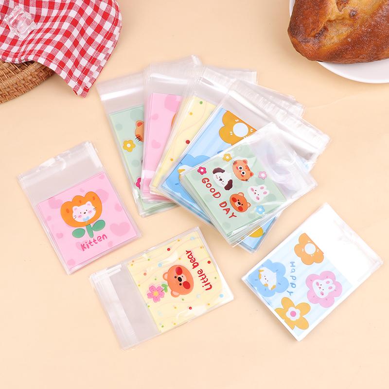 100Pcs 7X7+3Cm 10X10+3Cm Cute Cartoon Animal Printed Plastic Self-Adhesive Bags Cookie Biscuits Snack Package For Home Bakeries