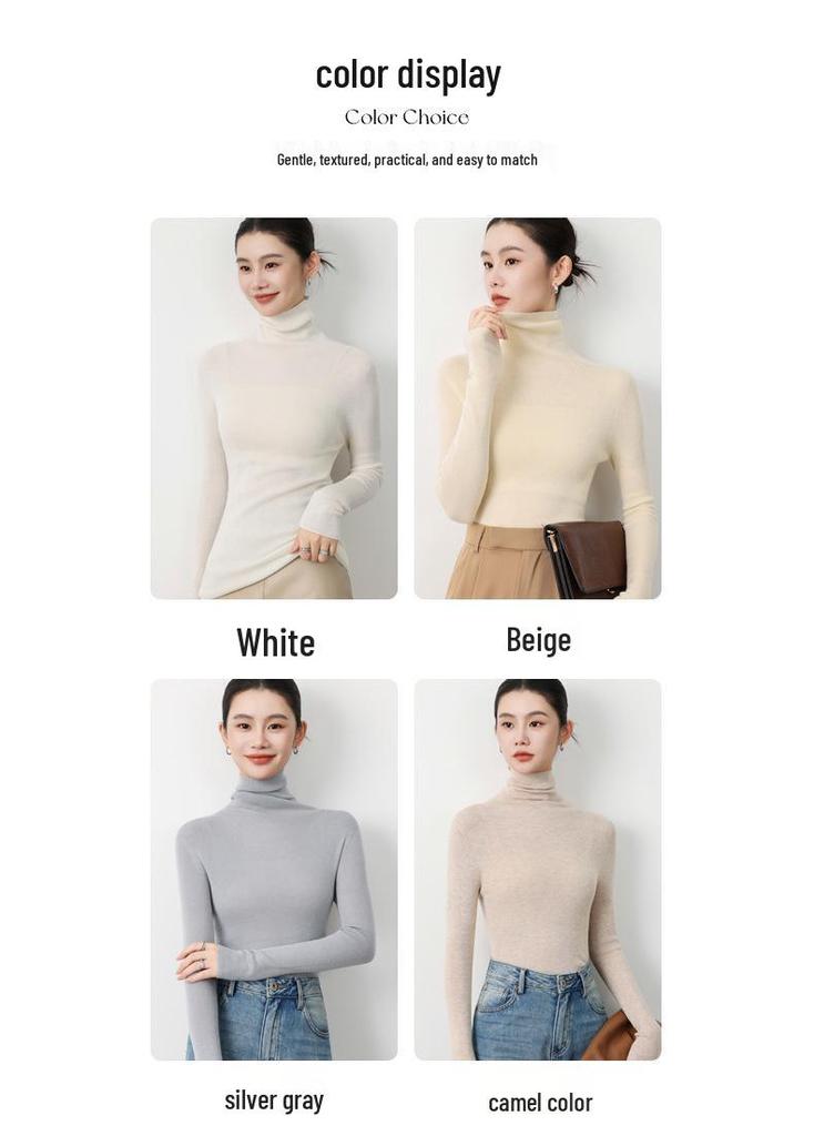 18G Soft Wool Women's Turtleneck Slim Fit Sweater, Autumn/Winter Knit Base Layer, Machine Washable