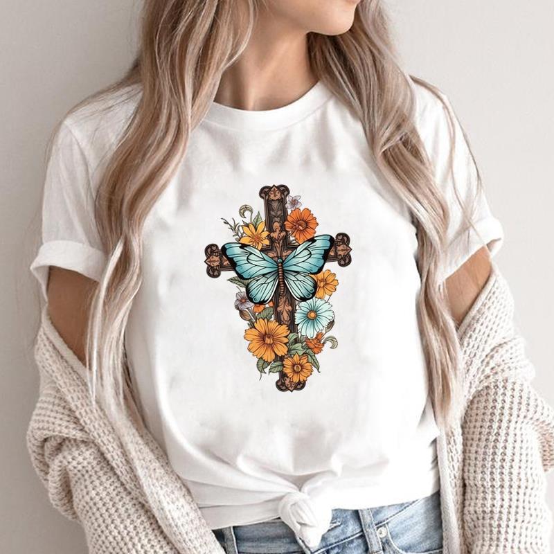(Asian Size) sweet trend cute 90s style faith Print Short Sleeve T-shirts Casual Women's Top T Clothing O-neck Fashion Female Graphic Tee