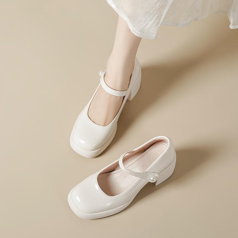 Genuine Leather Mary Jane Shoes Thick Heel Single Shoes for Women's Spring New High Heels Pearl Buckle Retro Shallow Mouth Fairy Shoes