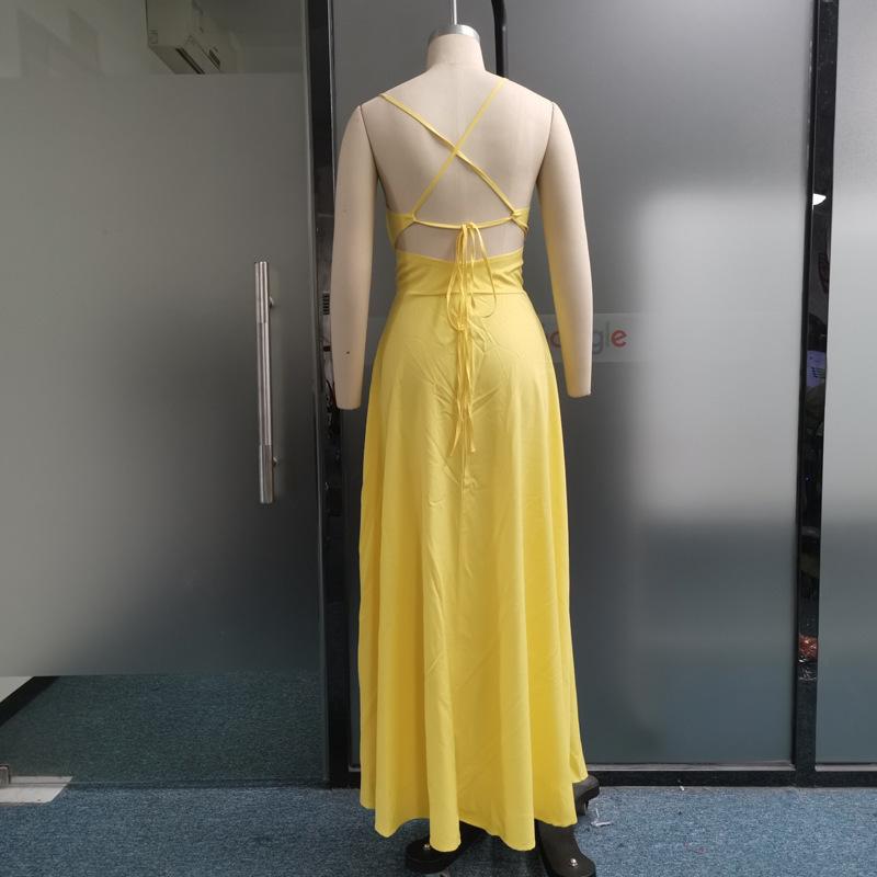 Summer Fashion Women's Halter V-neck Leak Back Tie Slit Long Dresses