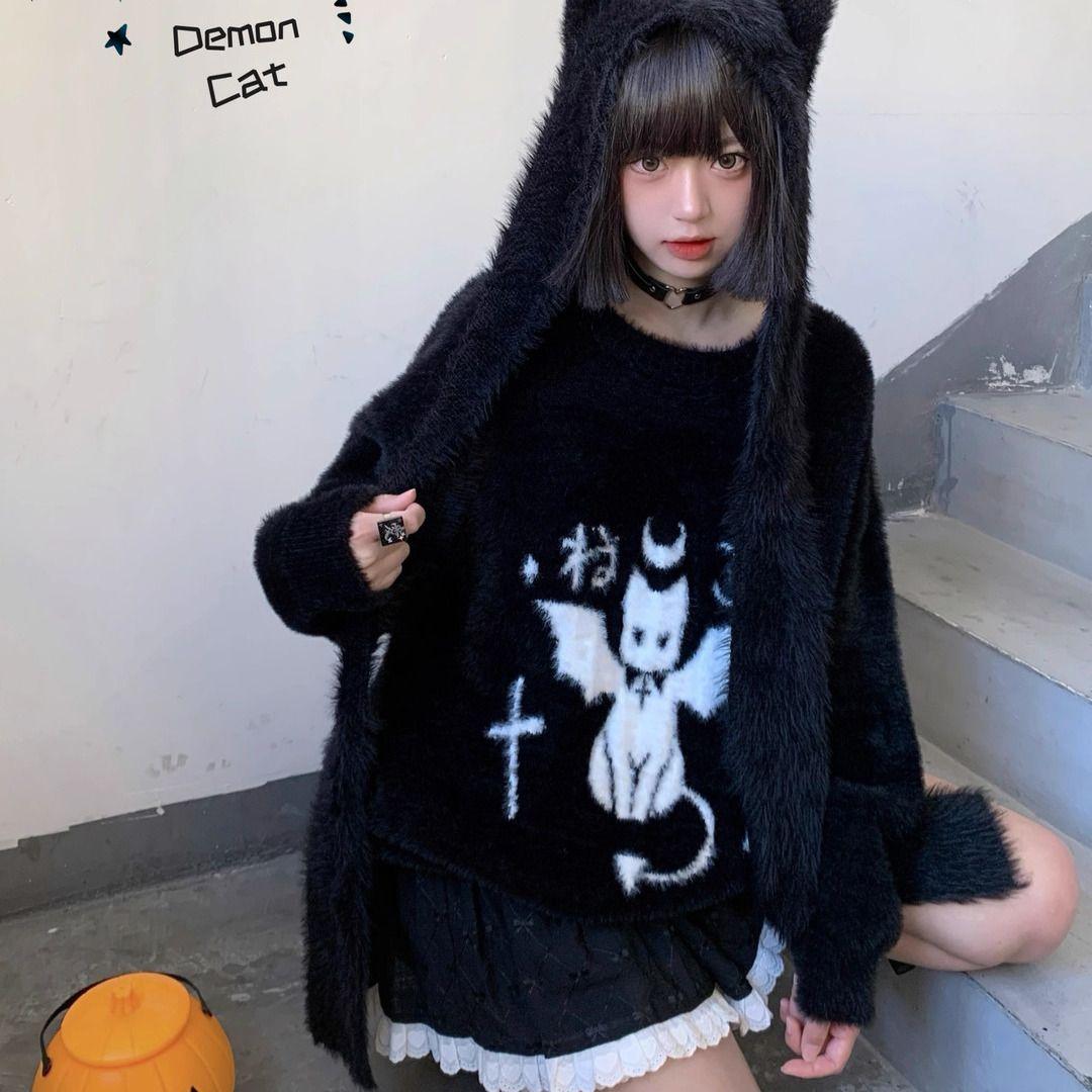 

Женский свитер Y2K Devil Jacquard, вязаный свитер для зимы, пушистый свитер в готическом стиле для женщин M чёрный
