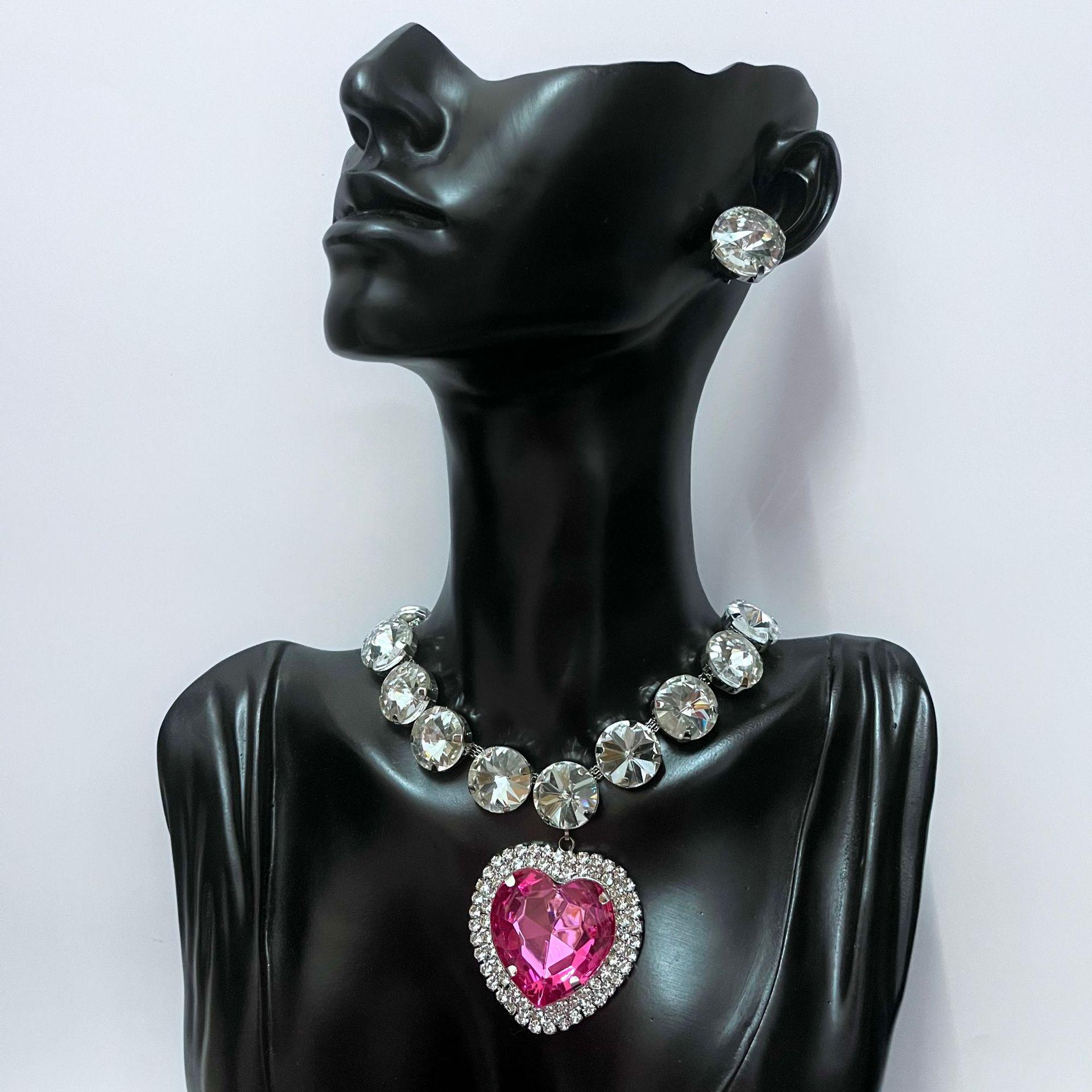 Elegant Glass Rhinestone Necklace & Heart Clavicle Chain Earrings Set for Trendy Girls