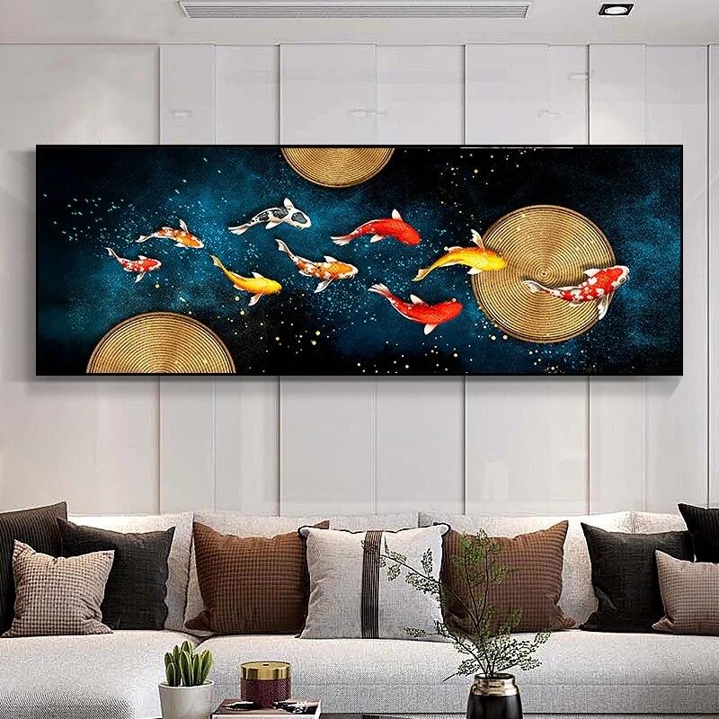 Chinese Style Koi Canvas Poster And Prints Nine Fish Illustration Feng Shui Carp Lotus Pond Wall ArtPainting For Decor No Frame