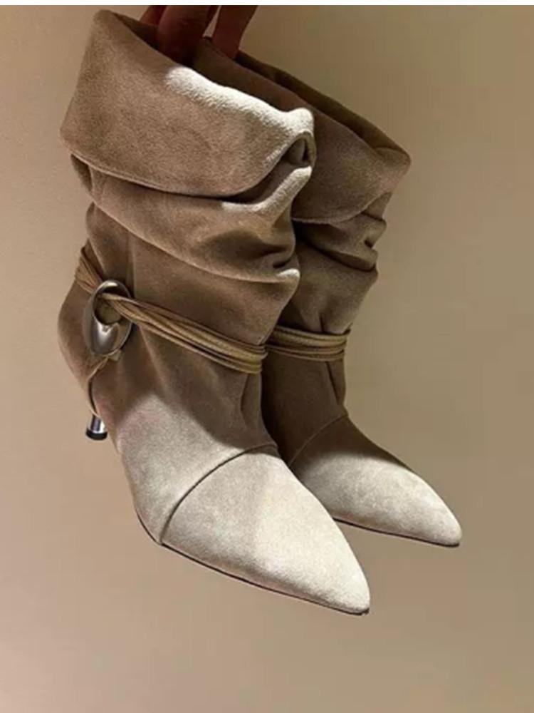 European and American Women's New Pointed Pleated 5cm Thin Heel Fringed Calf Boots, Knight Boots, Plus Size Mid Length Boots