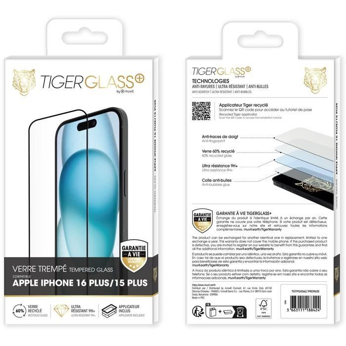 Verre De Protection - TIGER - GLASS PLUS - iPhone 16 Plus/15 Plus - Verre Trempé - Résistant Aux Rayures