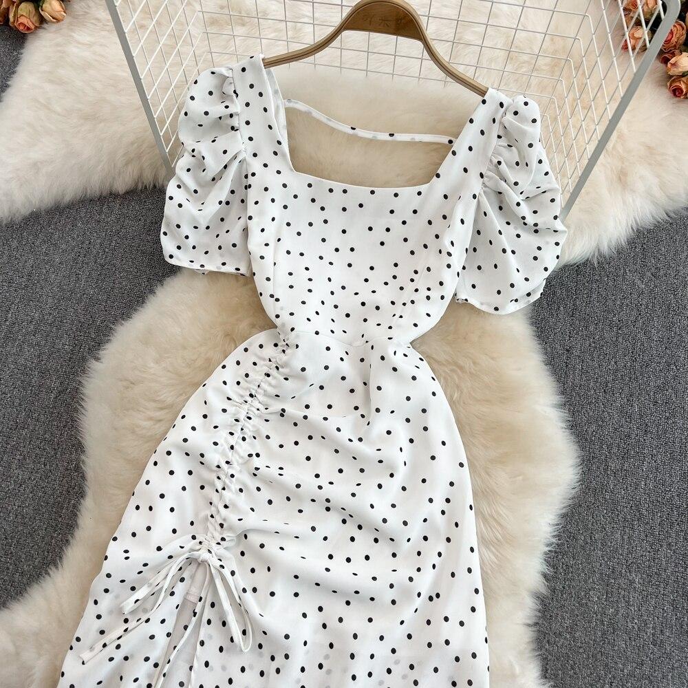 Seaside Holiday Backless Super Sexy Square Collar Slim-fitting Sleeved Mid-length Split Dot Dress