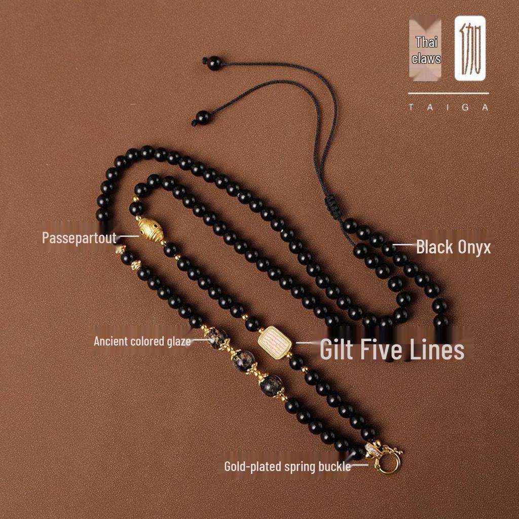 Autumn/Winter 6mm Black Agate Pendant Lanyard with Quick Release, Rune Design, and Thai Buddha Amulet for Sweater Chains