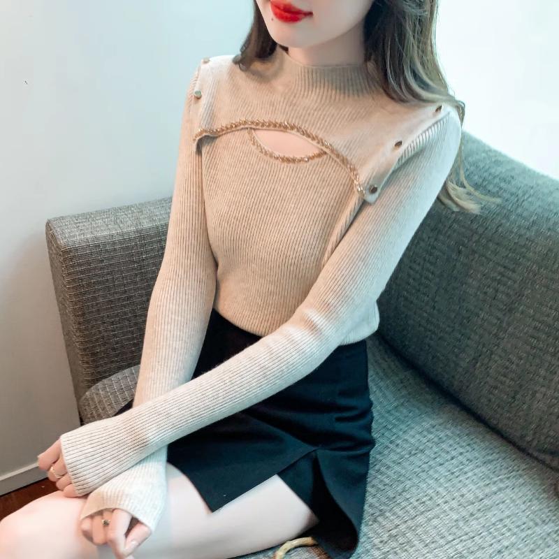 Half High Neck Nail Bead Hollow Out Fashionable Knitted Base Shirt for Women Long Sleeved Autumn and Winter Versatile Top