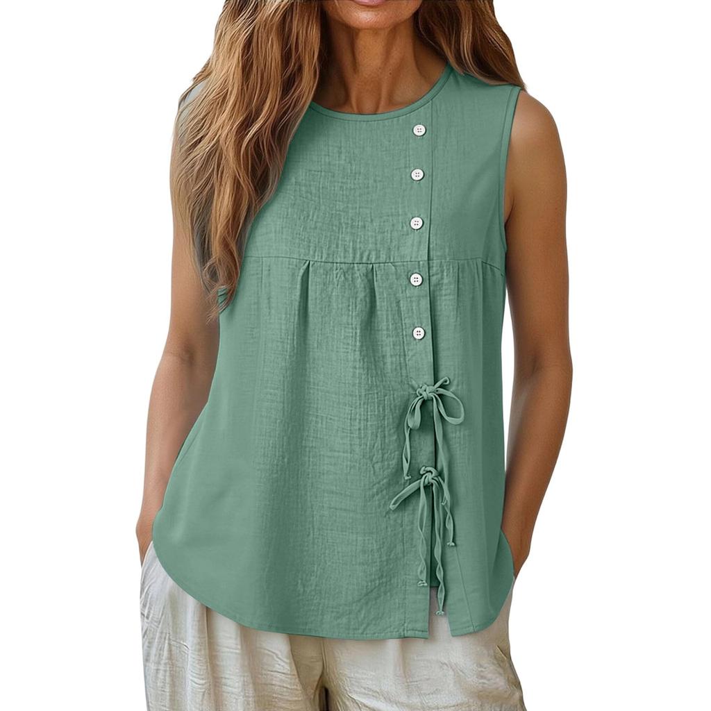 Women Loose Sleeveless Blouses Casual Tie Side Linen Tank Tops