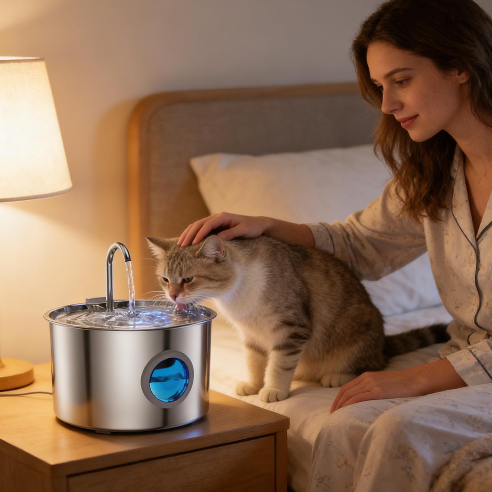 Cat Fountains For Drinking 3.2L Quiet Stainless Steel Drinking Dispenser Pet Fountain For Apartment Kitchen Play Area Indoor US