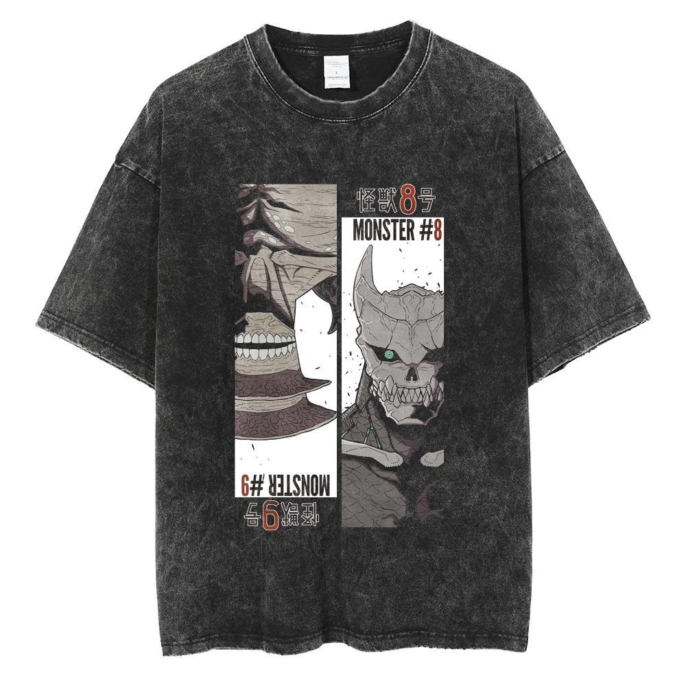 Japan Anime Kaiju No. 8 Cool Print T Shirt Men Women Vintage Washed Cotton Tshirts Oversized T-shirt Harajuku Male Y2k Tee