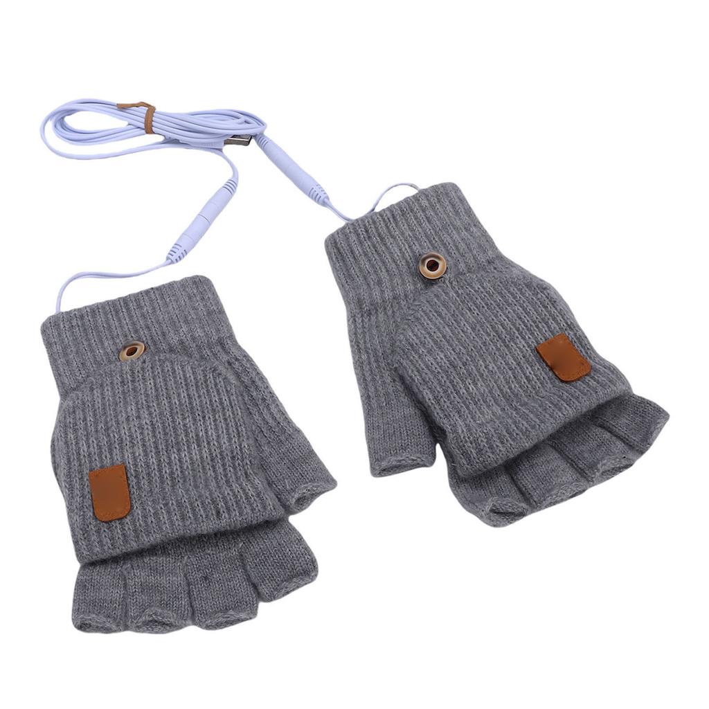 USB Heated Gloves Fingerless for Men Women Acrylic Fiber Electric Hand Warming Gloves for Winter Skiing Gaming Light Gray