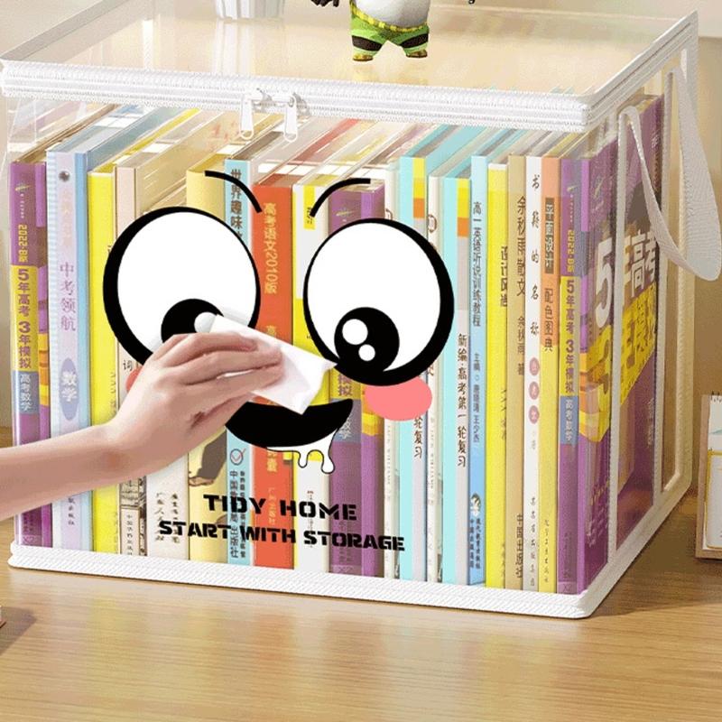 Clear PVC Book Storage Box Large Opening Design Double Handles Pliable Organiser for Home Office Classroom