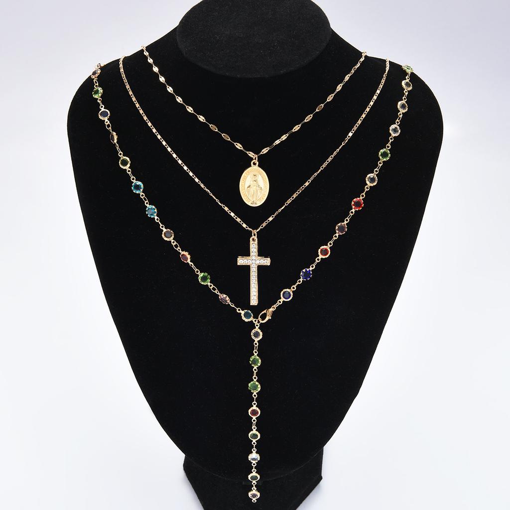 3pcs Vintage Cross Pendant Y-Necklace Set for Women Bohemian Colorful Crystal Zircon Multi-Layer Necklaces Daily Dating Jewelry