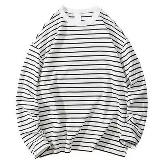 

Мужская футболка в полоску в черно-белую полоску в корейском стиле с длинным рукавом - American College Round Neck M белый