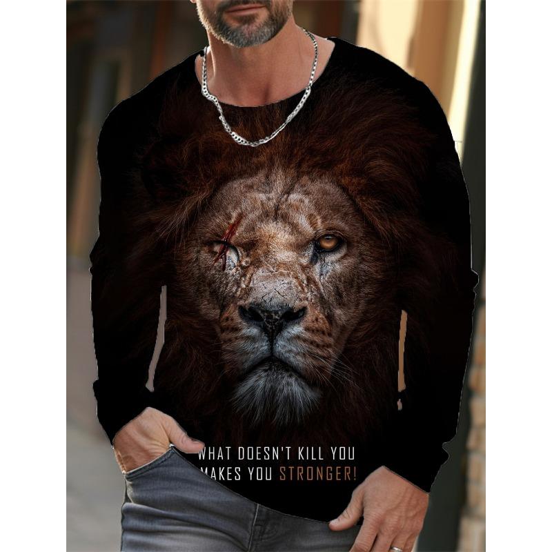 

Мужская футболка с рисунком льва, с круглым вырезом, коричневая, 3D-печать, для улицы, повседневная, с длинными рукавами, дизайнерская одежда 5XL