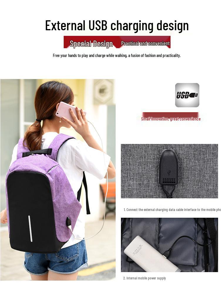 Men's Large Capacity Travel Backpack - Rechargeable & Simple Design for Students and Business