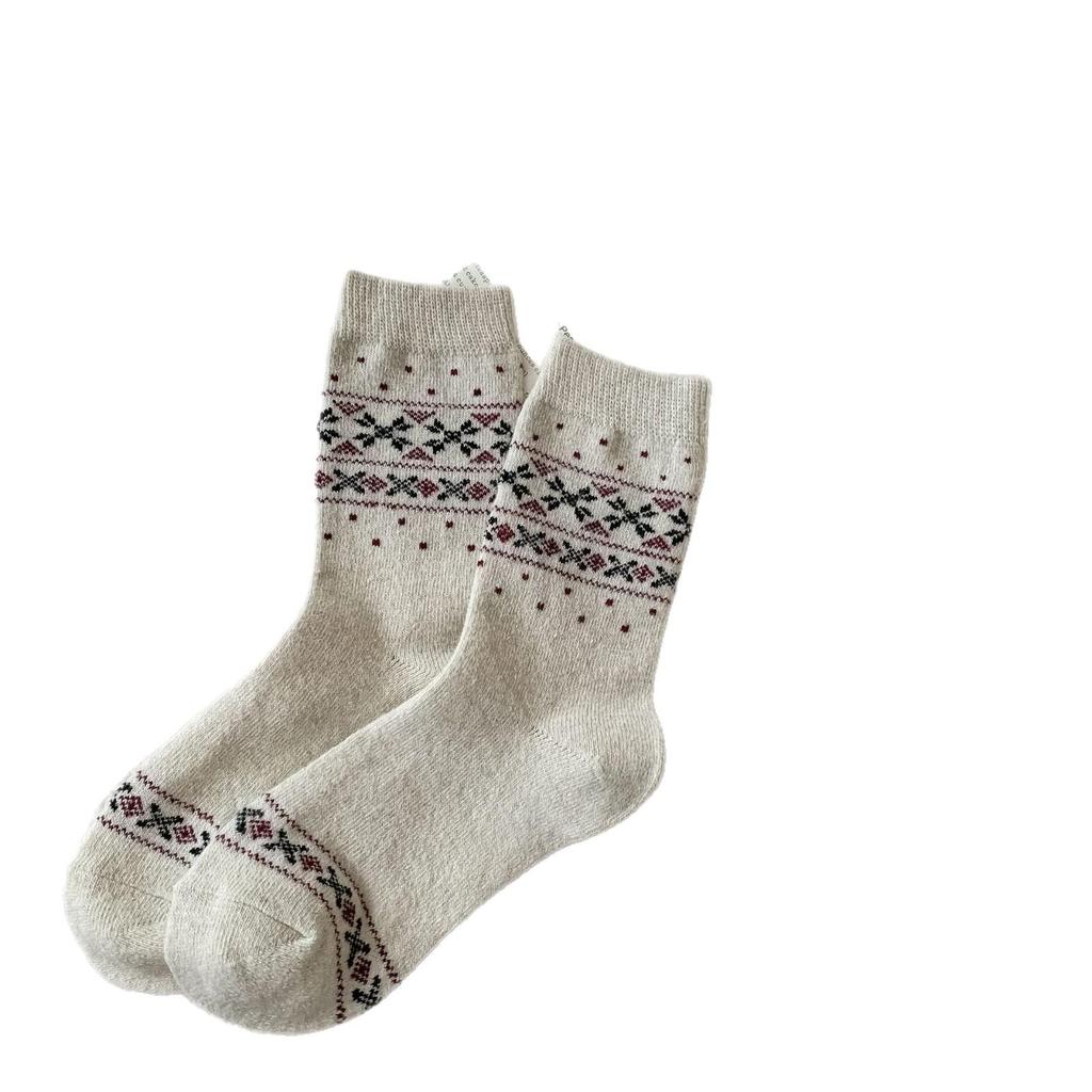 Fair Isle Vlněné ponožky s motivem sobů - Teplé ponožky střední délky v japonském stylu s mašlí na podzim a zimu