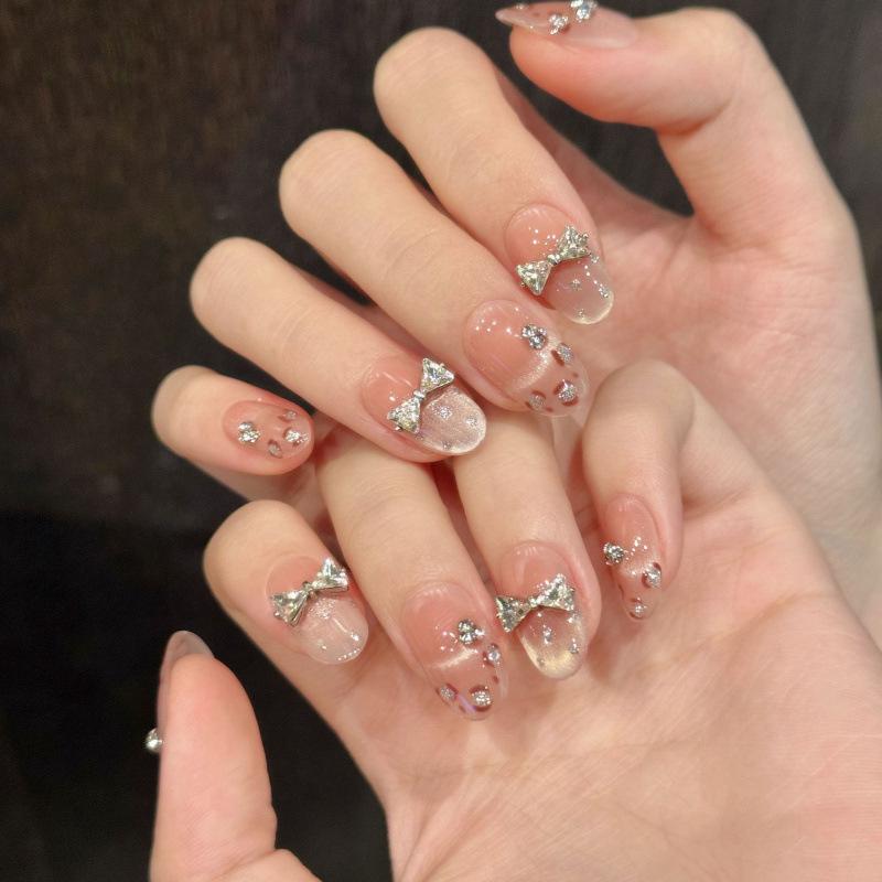 Leopard Print Heiress Cat Eye Bow False Nails - Sweet & Spicy Blush Design