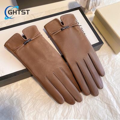 Popular Women Gloves Lambskin Leather Driving Riding Fashion Bow Windproof Guantes Mujer Winter Warm High-quality Mittens