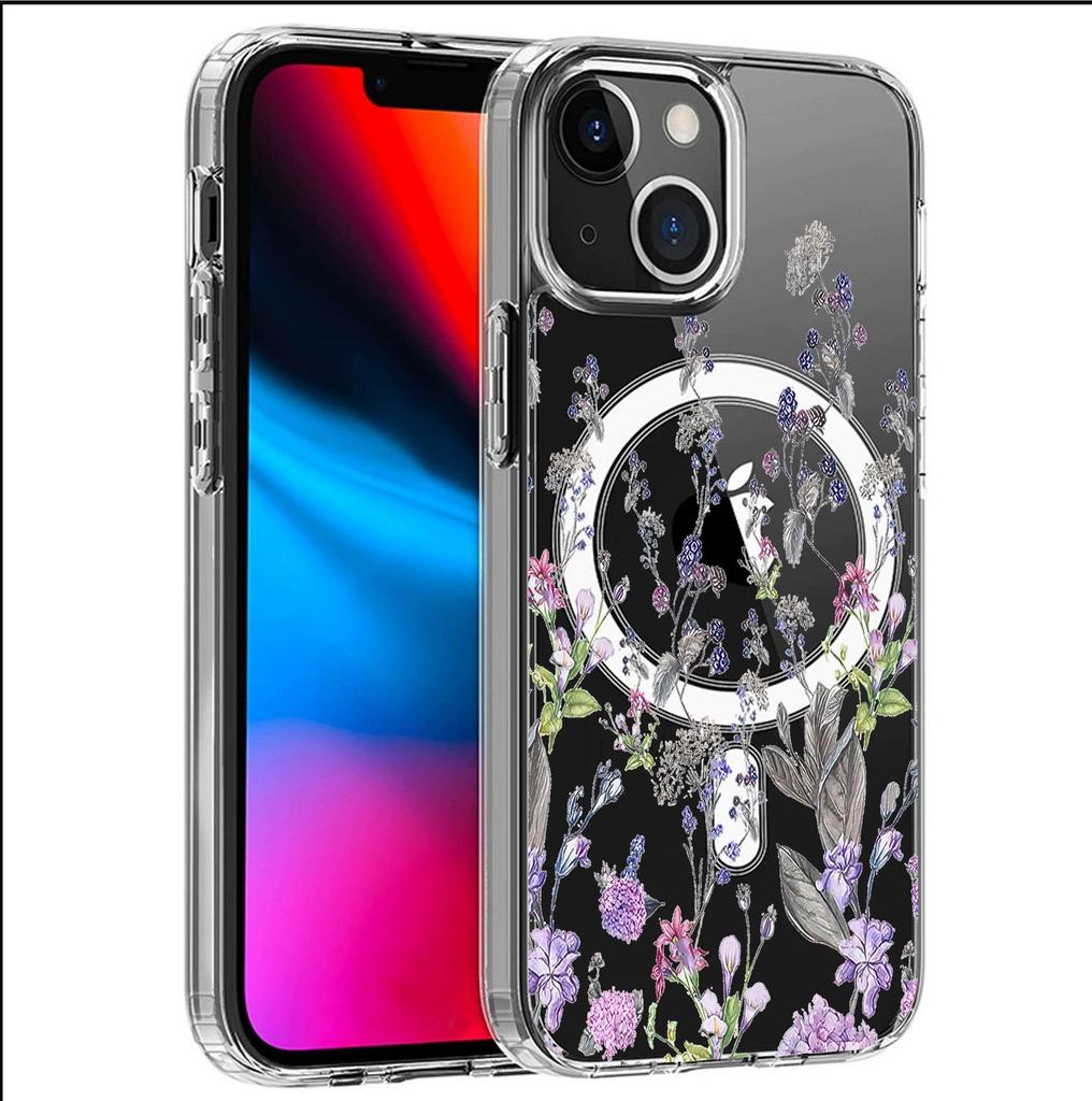 Purple Flower Magnetic Case for iPhone 15/16/17 Pro Max - Transparent Full Coverage Protection