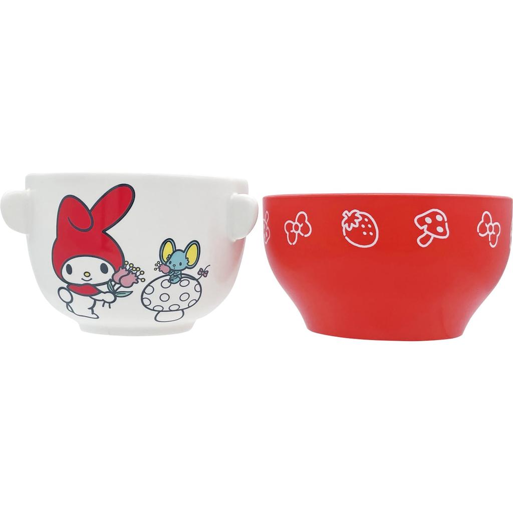 Sanrio Red Mushroom House Soup Bowl and Rice Bowl Red and 10 x 6 Made in SAN4794 "My Melody" Set, White, Approx. cm, Japan,