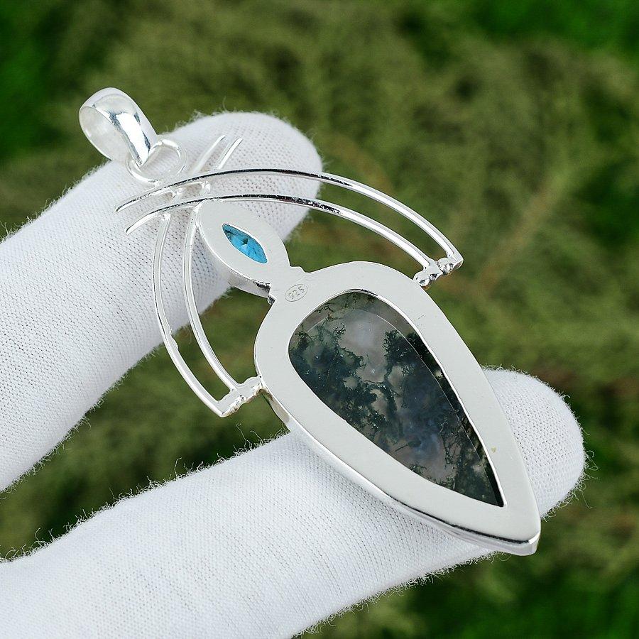 925 Sterling Silver Natural Solar Moss Agate Swiss Blue Topaz Pendant Jewelry