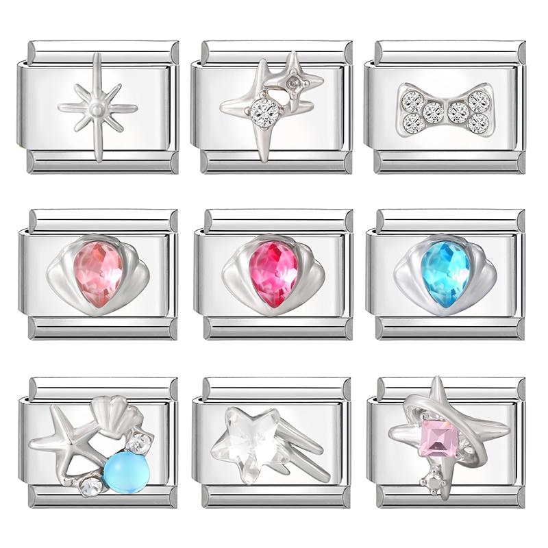 New Zircon Starfish Heart Shell Crown Rose Flowers Italian Charm Links Fit 9mm Stainless Steel Bracelet Women DIY Making Gifts