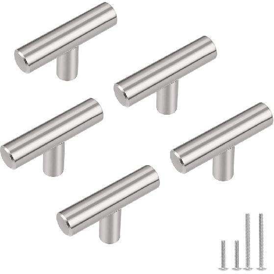 Gobrico 15 Pack Satin Nickel Single Hole T bar Kitchen Cabinet Handles Knobs Stainless Steel Cupboard Drawer Dresser Pulls Overall Length 50mm/2in