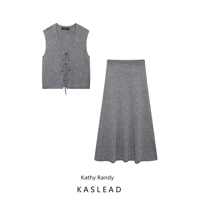Kaslead New Arrival Women's Clothing Fashion Style Bow Tie Knitting Vest Cardigan Horn Skirt Suit