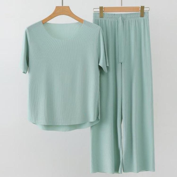 2Pcs Set Womens Pajamas Ice Silk Seamless Soft Breathable Homewear Short Sleeve Top and Elastic Waist Wide Leg Pants Solid Color Loose Lounge Set