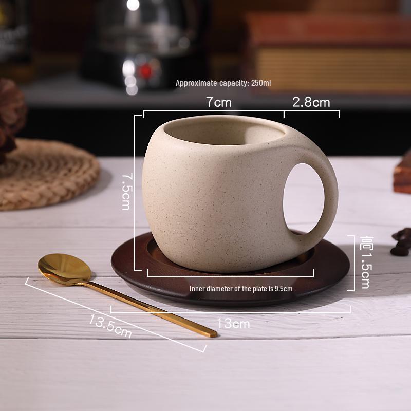 Retro Keramik Kaffee Tasse & Untertasse Set mit Holz Untersetzern & Löffeln – Ideal für Latte, Americano und Nachmittagstee