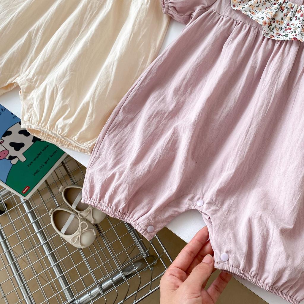 Baby Girl Summer Lightweight Floral Short Sleeve Romper with Peter Pan Collar