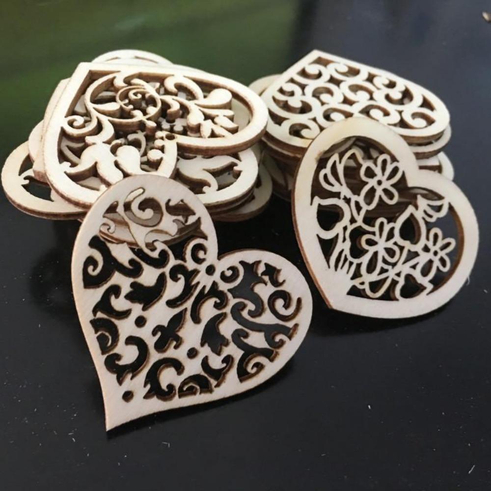 50/100pcs Wood Crafts Hollow Carved Flowers Love Wood Chip Hole Ornaments DIY Jewelry Accessories Home Decoration Pendants