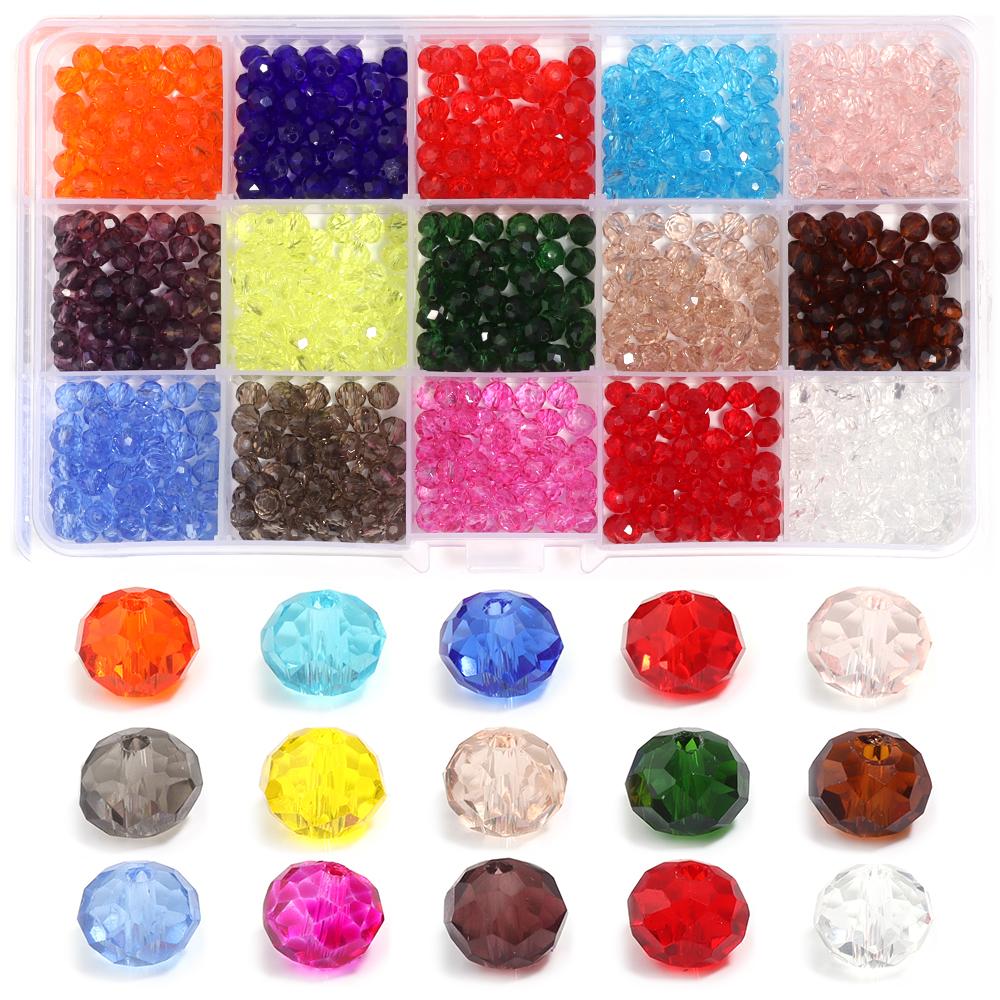 

4/6/8mm Color Crystal Beads Set Faceted Glass Loose Bead 15 Grids/box for DIY Bracelet Necklace Jewelry Making Accessories Kit