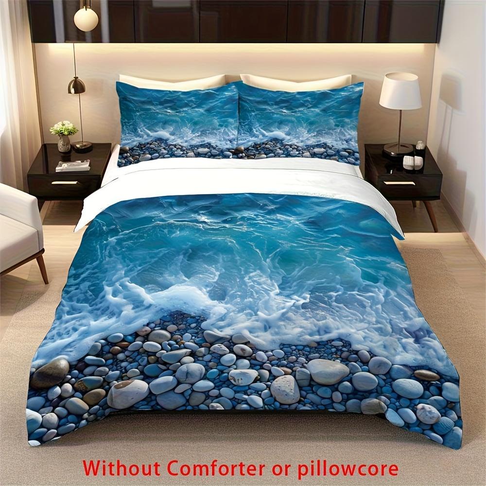 

2/3Pcs Blue Ocean Wave Pebbles Pattern Duvet Cover Set 1 Duvet Cover 1/3 Pillowcase, Without Core, Soft Beach Pebble Bedding Set Duvet Cover Set&AU Single(140x210cm)