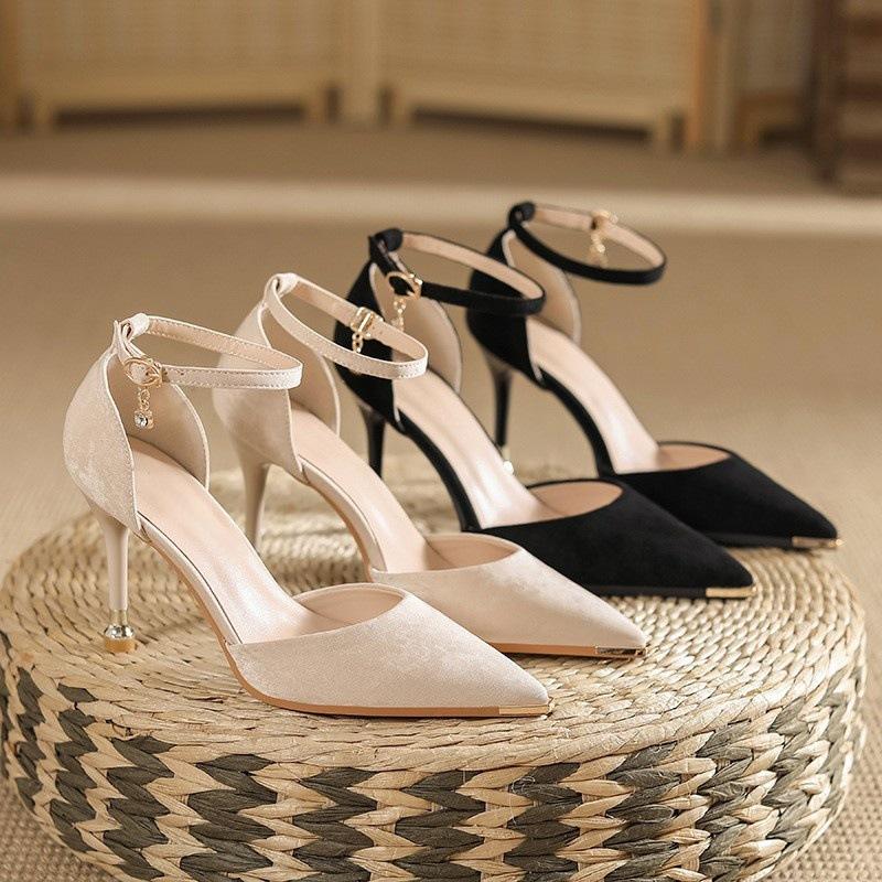 French Hollow High Heels Women's Beautiful Black New One-word Buckle Strap Stiletto Sandals Temperament Single Shoes Are Not Tired