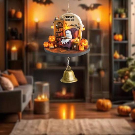 Ghost Reading Book Halloween Ornament 2D Flat Ghost In Reading Nook Hanging Decoration with Bell Window Hanging Wind Chime for Home Decor