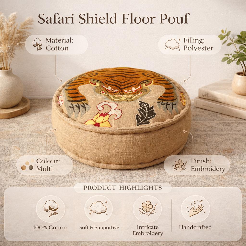 Safari Shield Embroidered Floor Pouf - Multicolor Cotton Pouffe with Polyester Filling, 60 x 20 cm