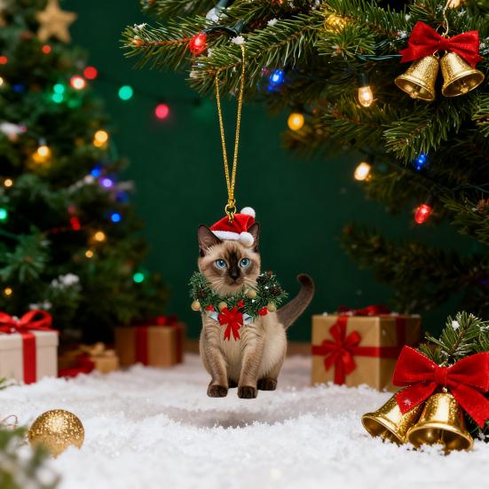 Christmas Pendant 2D Acrylic Cat Wearing Xmas Wreath Charm Car Hanging Ornament Home Office