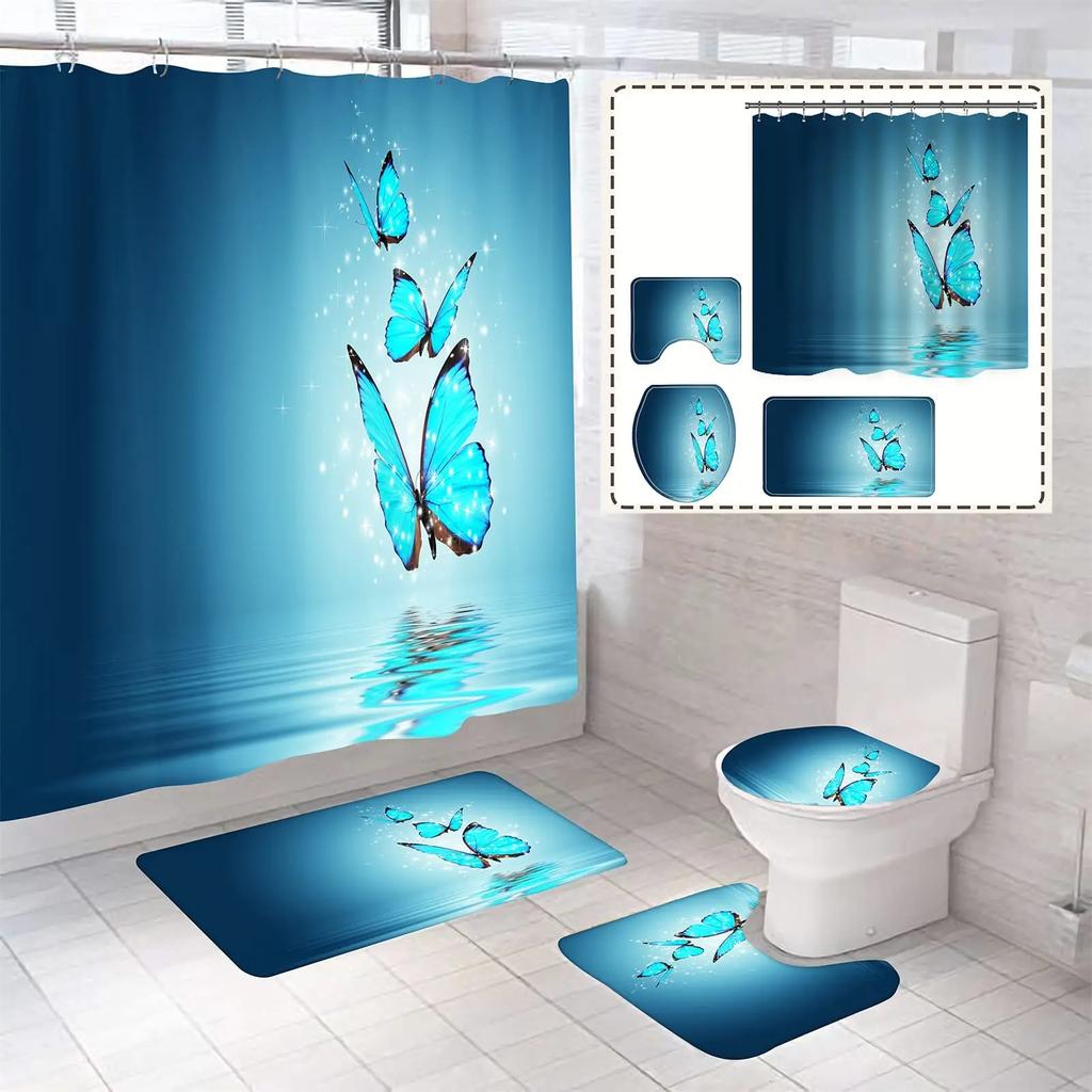 Big Butterfly Beautiful Polyester Shower Curtain Set Bathroom Set Waterproof Curtains Bath Mat Set Toilet Lid Cover 4 Pcs Decor