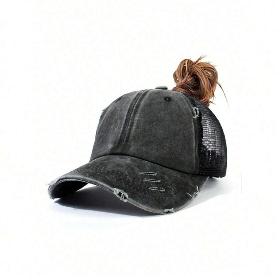 Zealous Sole Women's Multicolour Retro Distressed High Ponytail Baseball Cap Adjustable Sun Hat For Casual Wear Cm