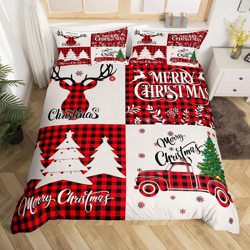Merry Christmas Duvet Cover Set,Red Buffalo Checked Rustic Truck Comforter Cover,Plaid Xmas Tree Elk Deer Snowflake Bedding Sets