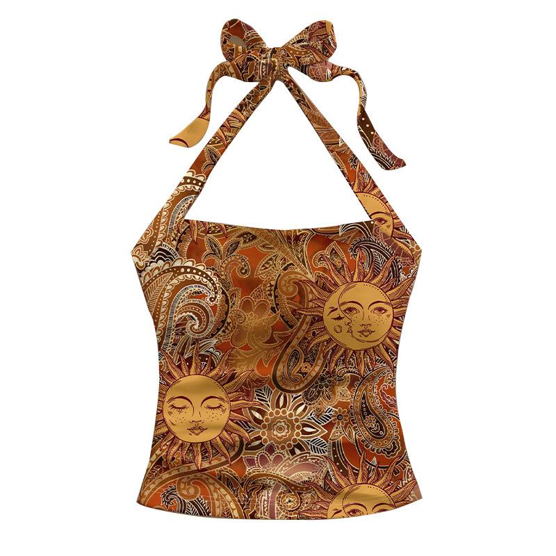 Summer Vintage Bohemian Sun Face Print Halter Neck Fitted Top