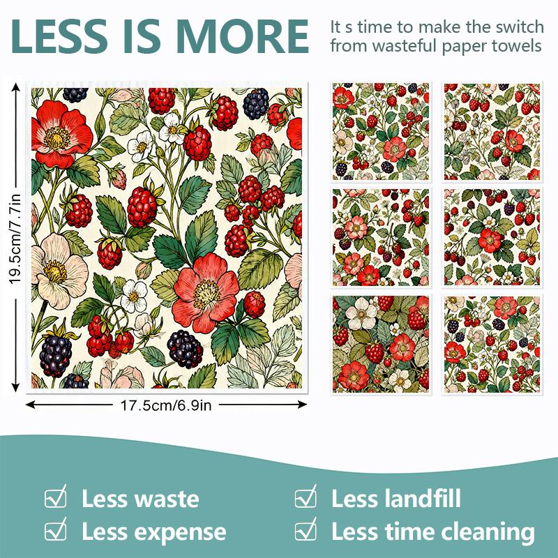 6PCS Cleaning Dishcloths Reusable Kitchen Dish Towels Vintage Floral Berry Print Dishcloth Absorbent Lint Free Cloth Washable Duster Rags Tea Towels