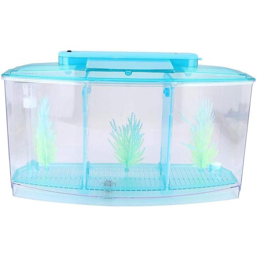 Adjustable Light Acrylic Three Areas Small Aquarium, Fish Tank, for Betta for Small Fishes(Blue)